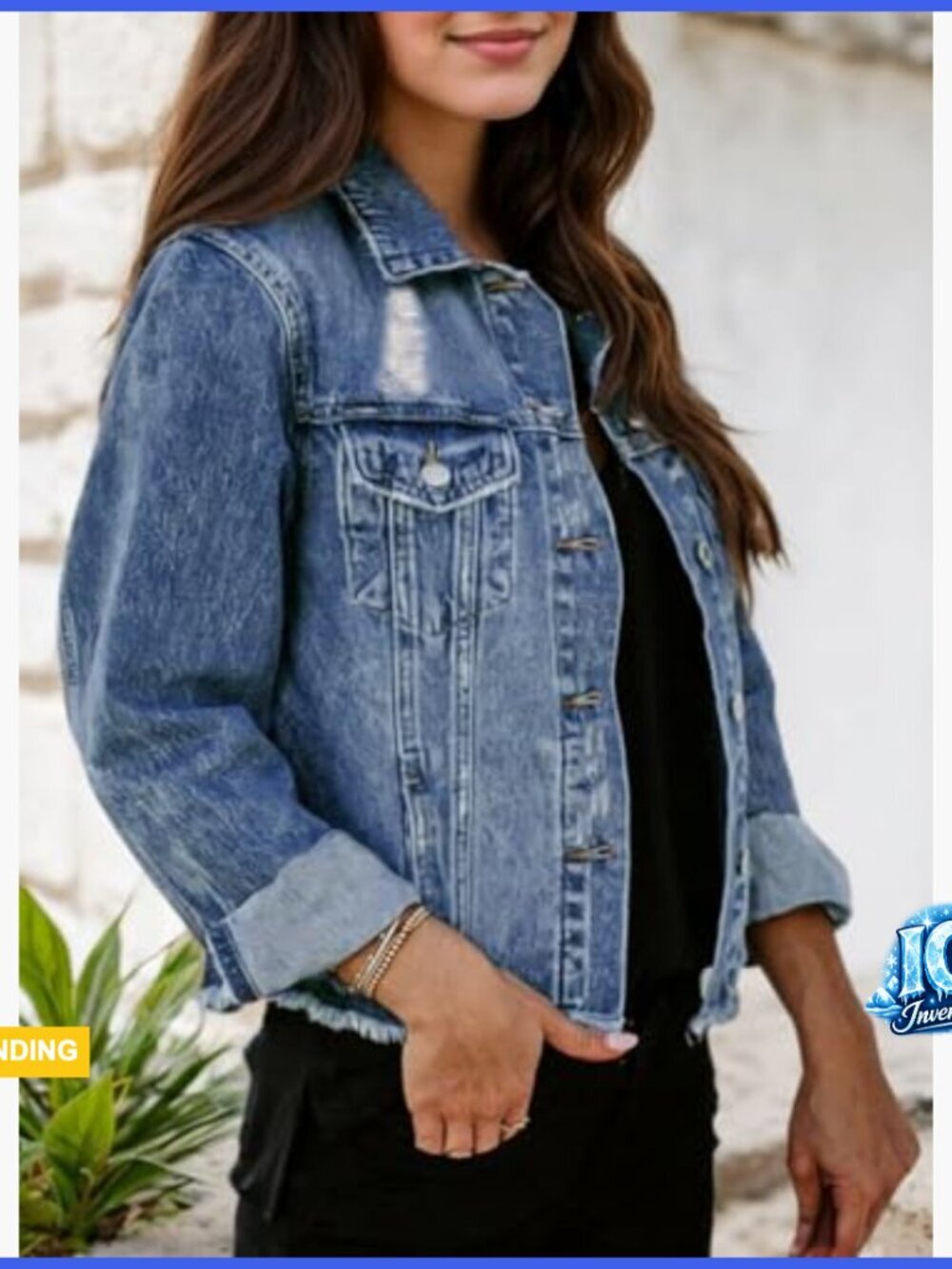 Distressed Frayed Ripped Denim Jacket with Button Closure Pockets - Picture 3 of 7